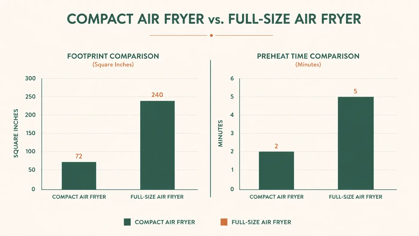 Chart comparing counter footprint and preheat time of a compact air fryer versus a full-size air fryer