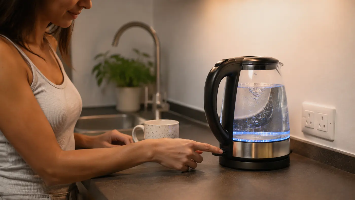 Hand pressing the power switch on an electric kettle base while a mug waits on the counter