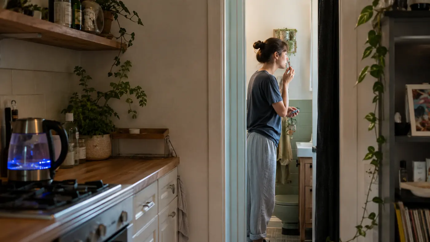 Split scene of a person getting dressed in the next room while the kettle heats water unattended on the counter