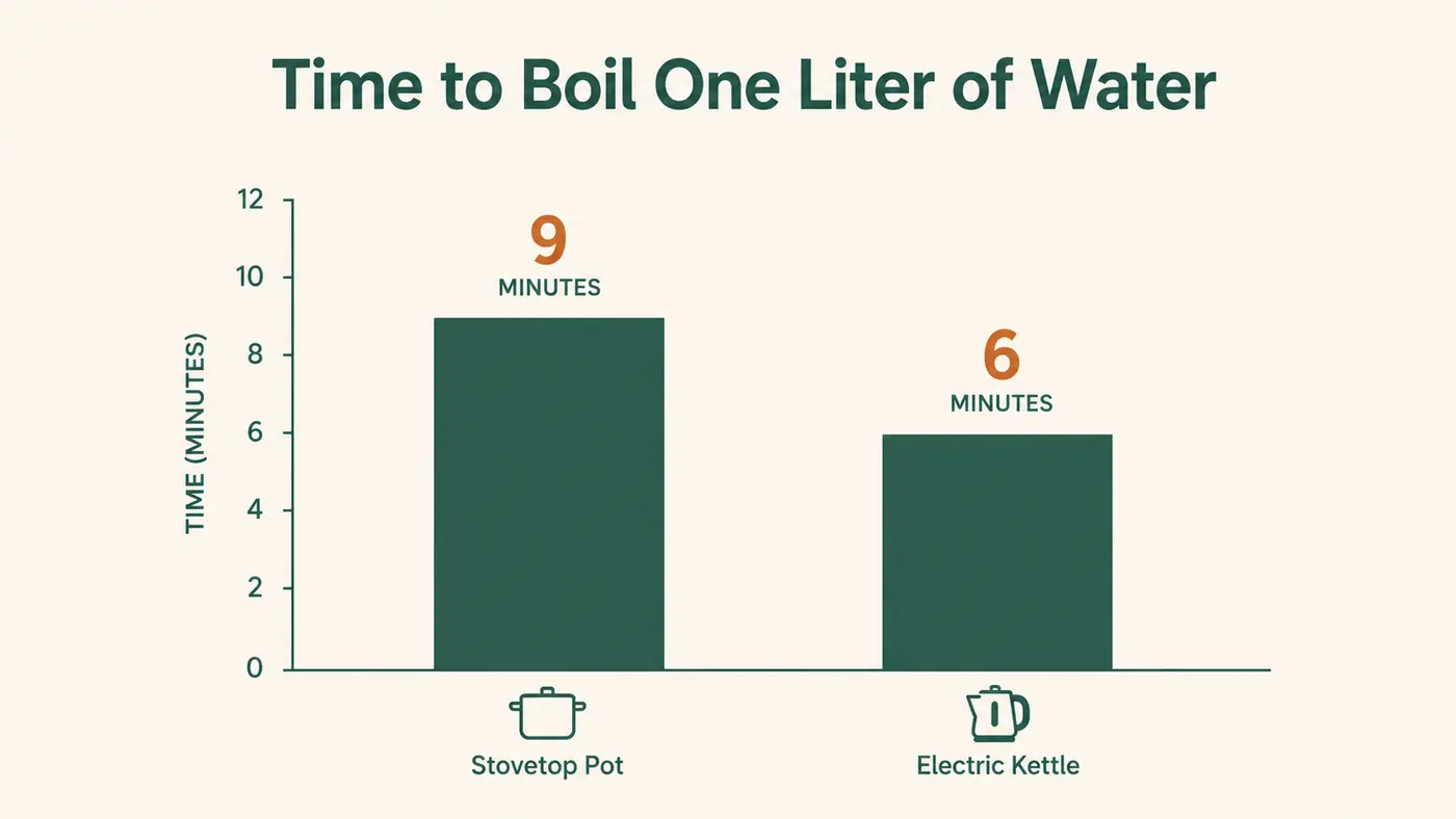 Simple bar chart comparing time to boil one liter of water: stovetop pot versus electric kettle