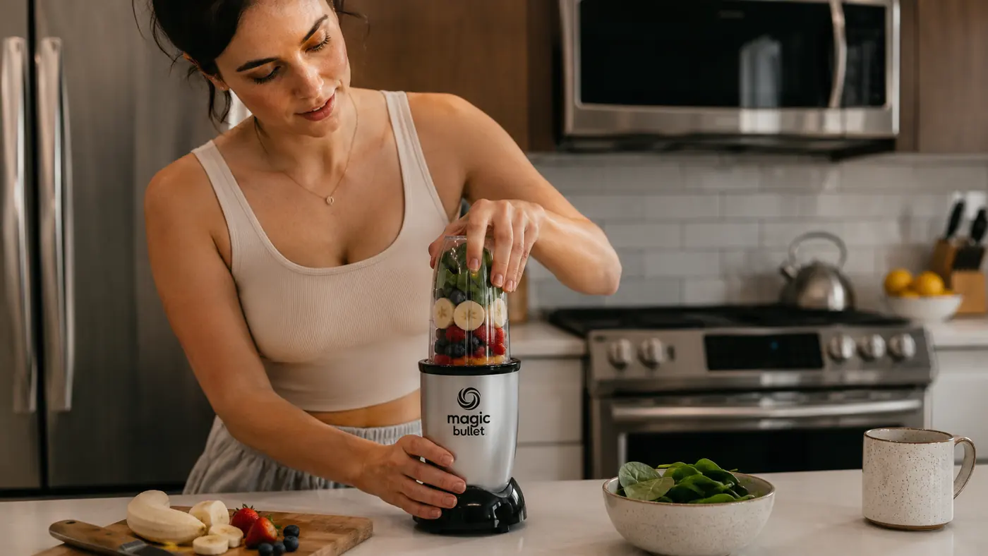 Hand twisting the Magic Bullet blending cup onto the base to start a smoothie