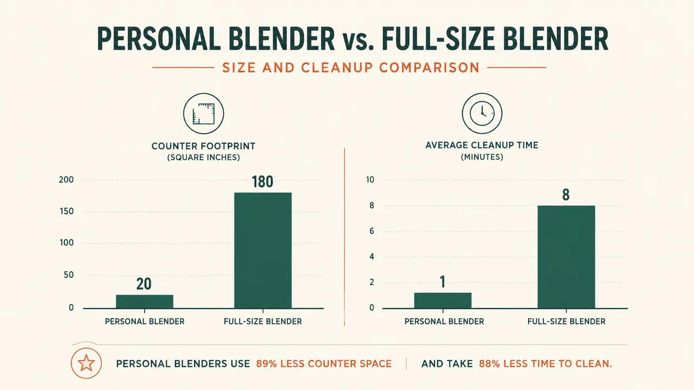 Bar chart comparing counter footprint and cleanup time of a personal blender versus a full-size blender