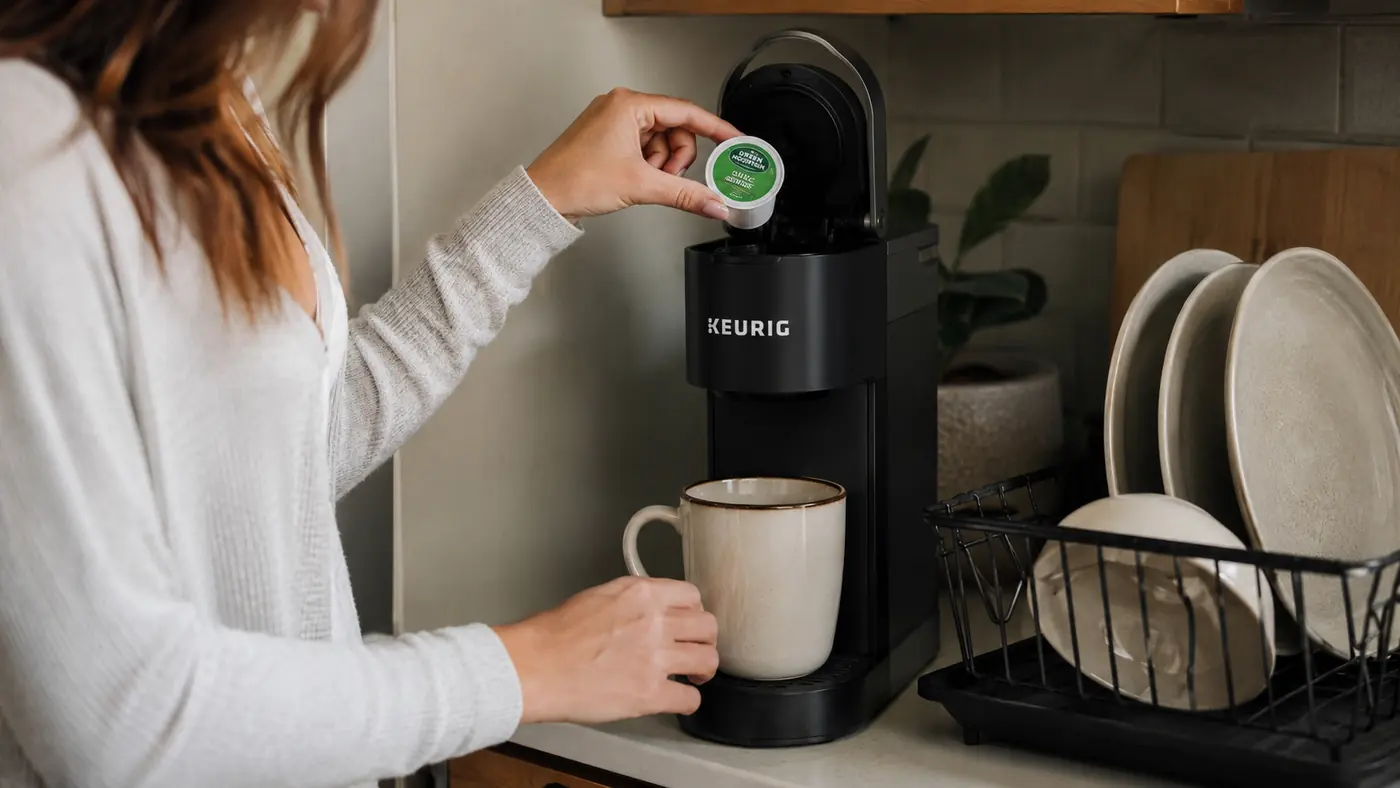 Hand placing a K-Cup pod into the top of the Keurig K-Mini Mate on a narrow counter