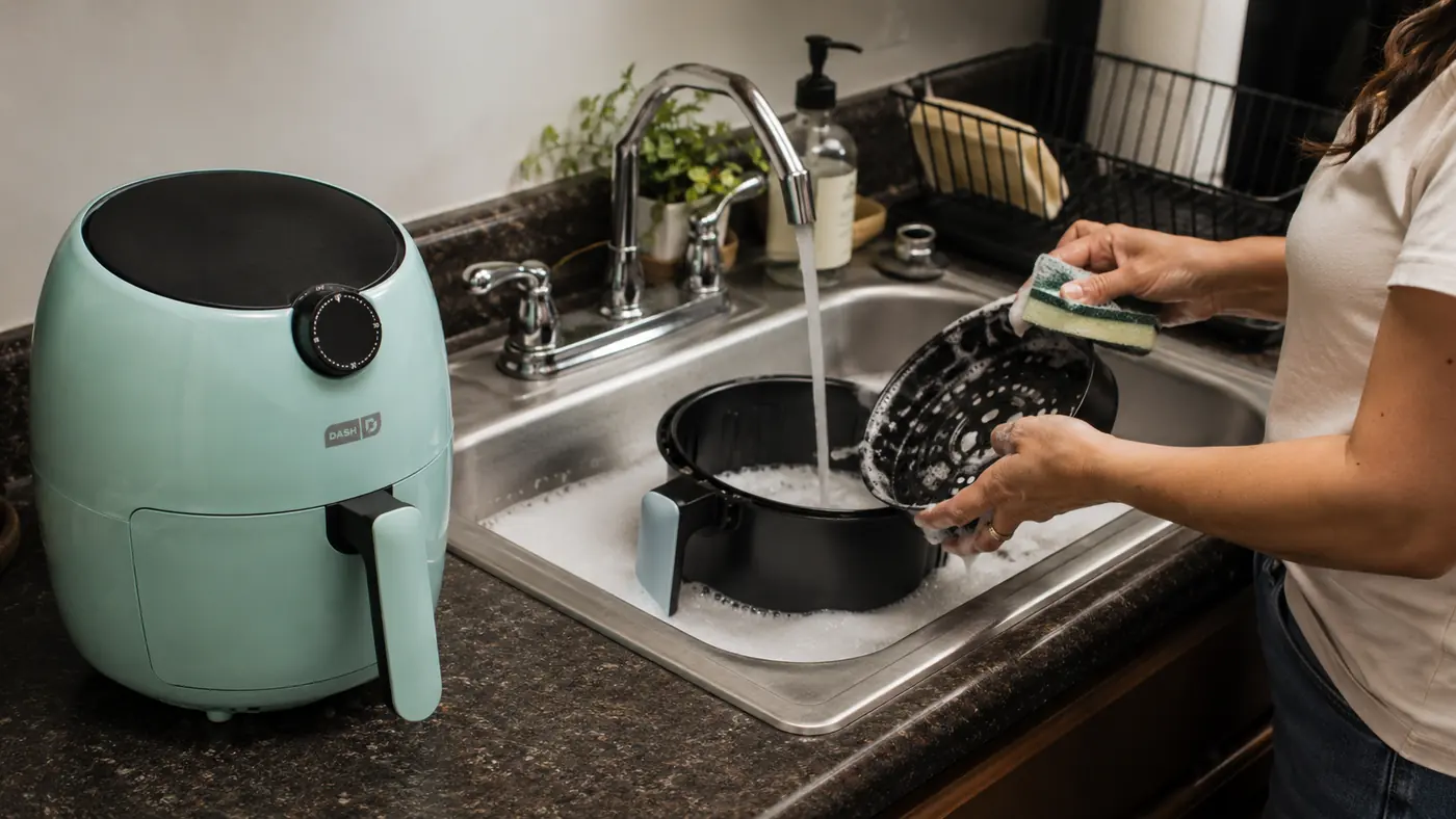 Close-up of the DASH air fryer basket and pan submerged in a sink of soapy water during cleanup