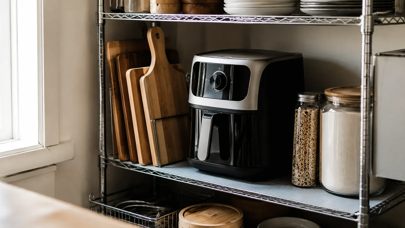 Dash Tasti-Crisp air fryer stored on a small shelf above a narrow kitchen counter between meals
