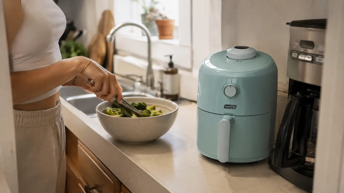 DASH Tasti-Crisp Air Fryer sitting on a narrow apartment counter between a coffee maker and a drying rack