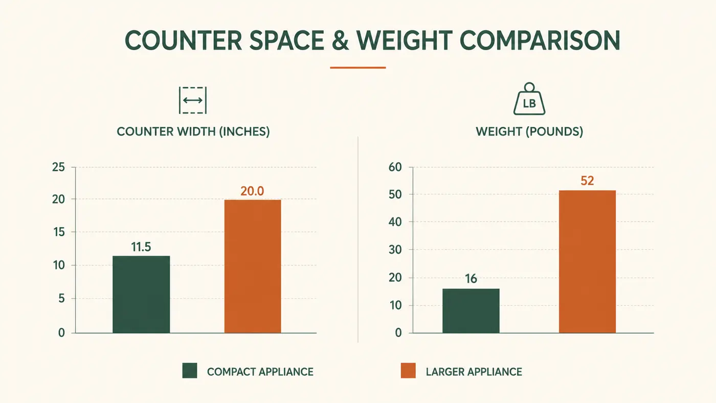 Chart comparing counter footprint and weight of a compact air fryer versus a larger family-size air fryer