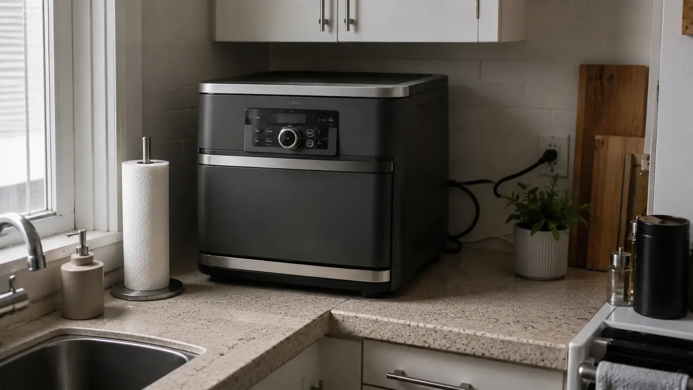 A bulky, oversized countertop appliance crowding a small kitchen counter, leaving no room for a cutting board
