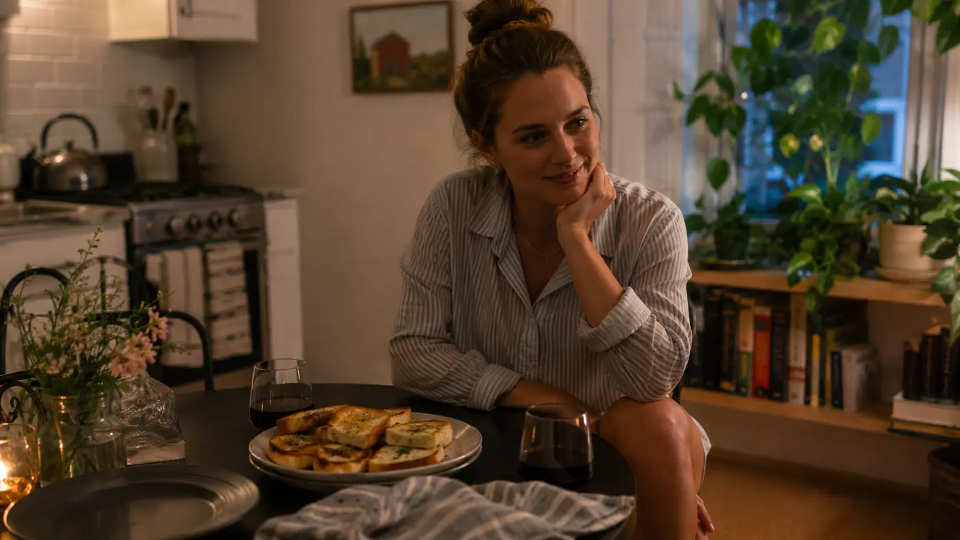 Bethany and Danny sharing garlic bread at their small kitchen table on a summer evening