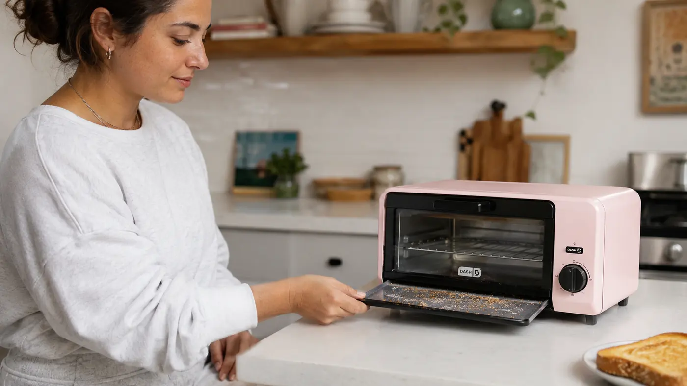 Hand sliding out the crumb tray of the Dash Mini Toaster Oven to show buildup after a week of regular use