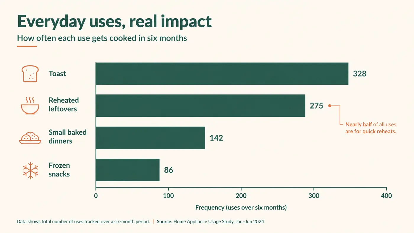 Simple bar chart showing which meals get made in the toaster oven most often over six months, with toast and reheated leftovers far ahead of baking