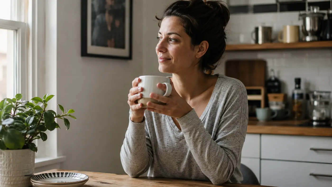Bethany at her small kitchen table holding a warm mug while Danny sleeps in the next room, early morning stillness