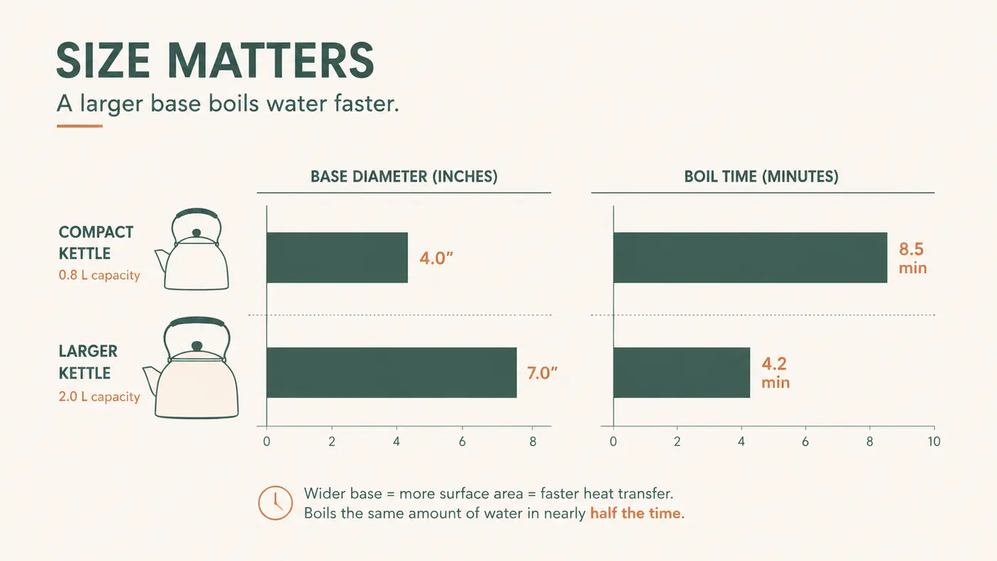 Chart comparing base diameter and time to boil between a compact one-liter kettle and a larger electric kettle