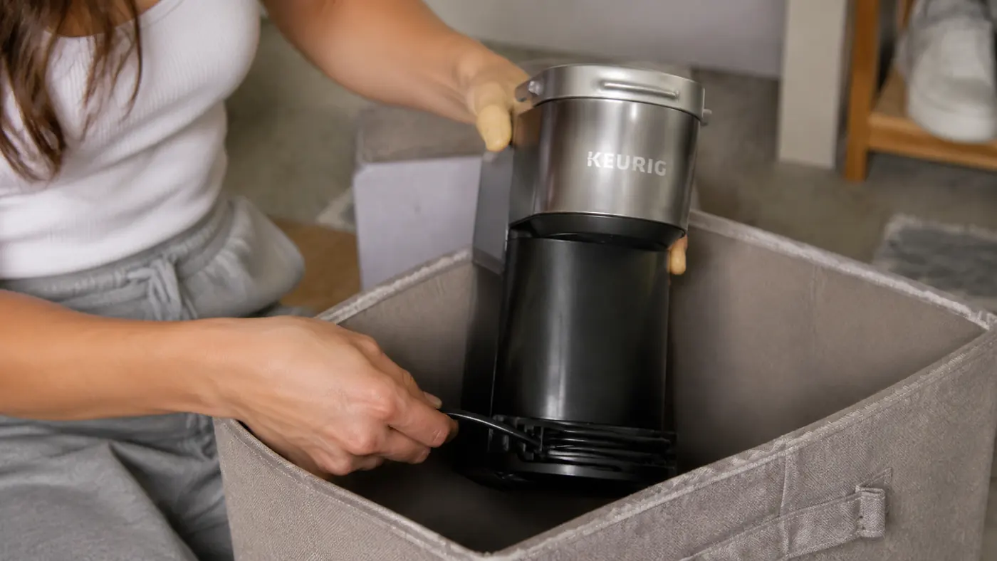 Hand lifting the storage lid on the Keurig K-Mini Mate to wind up the excess cord before packing it into a dorm tote