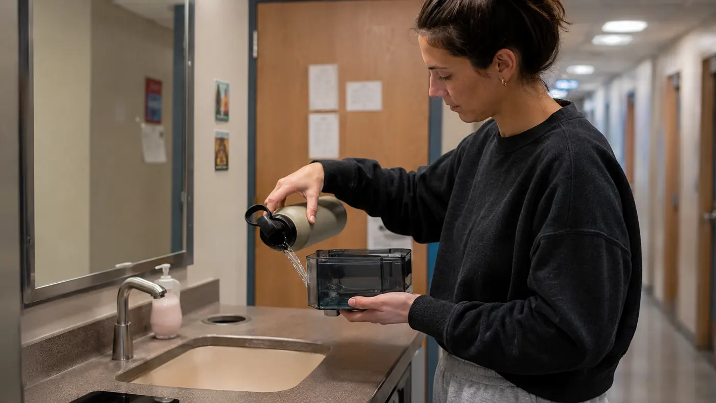Reusable water bottle being poured into the reservoir of a small dorm coffee maker at a hallway sink