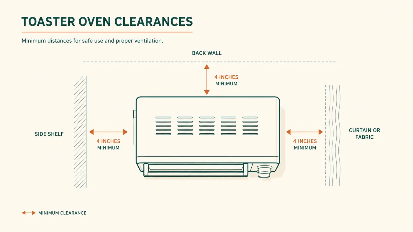 Diagram showing recommended clearance distance in inches between a toaster oven and a nearby wall or shelf