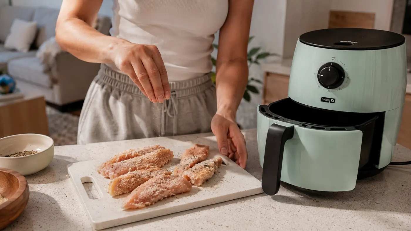 Hand seasoning chicken tenders on a small cutting board next to the Dash Air Fryer basket