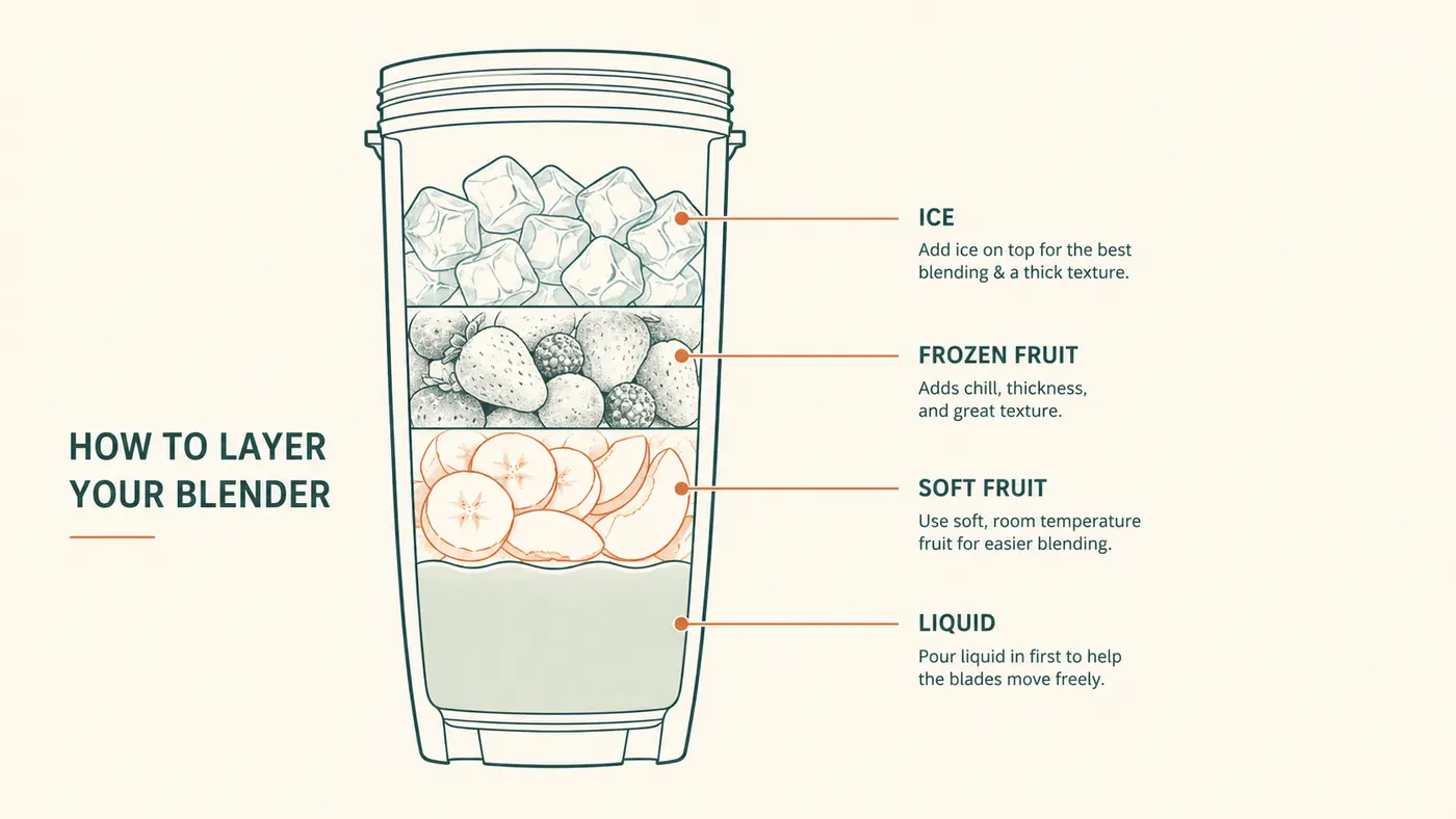 Diagram showing the correct load order inside a personal blender cup, liquid on the bottom, soft fruit in the middle, frozen fruit and ice on top