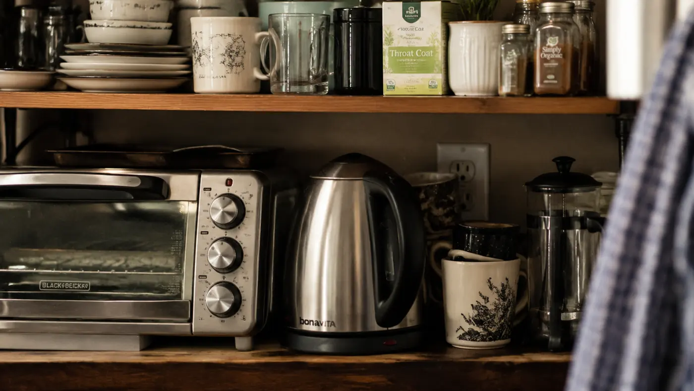 Hamilton Beach Electric Kettle stored on a small shelf between a toaster oven and a stack of mugs in a cramped kitchen
