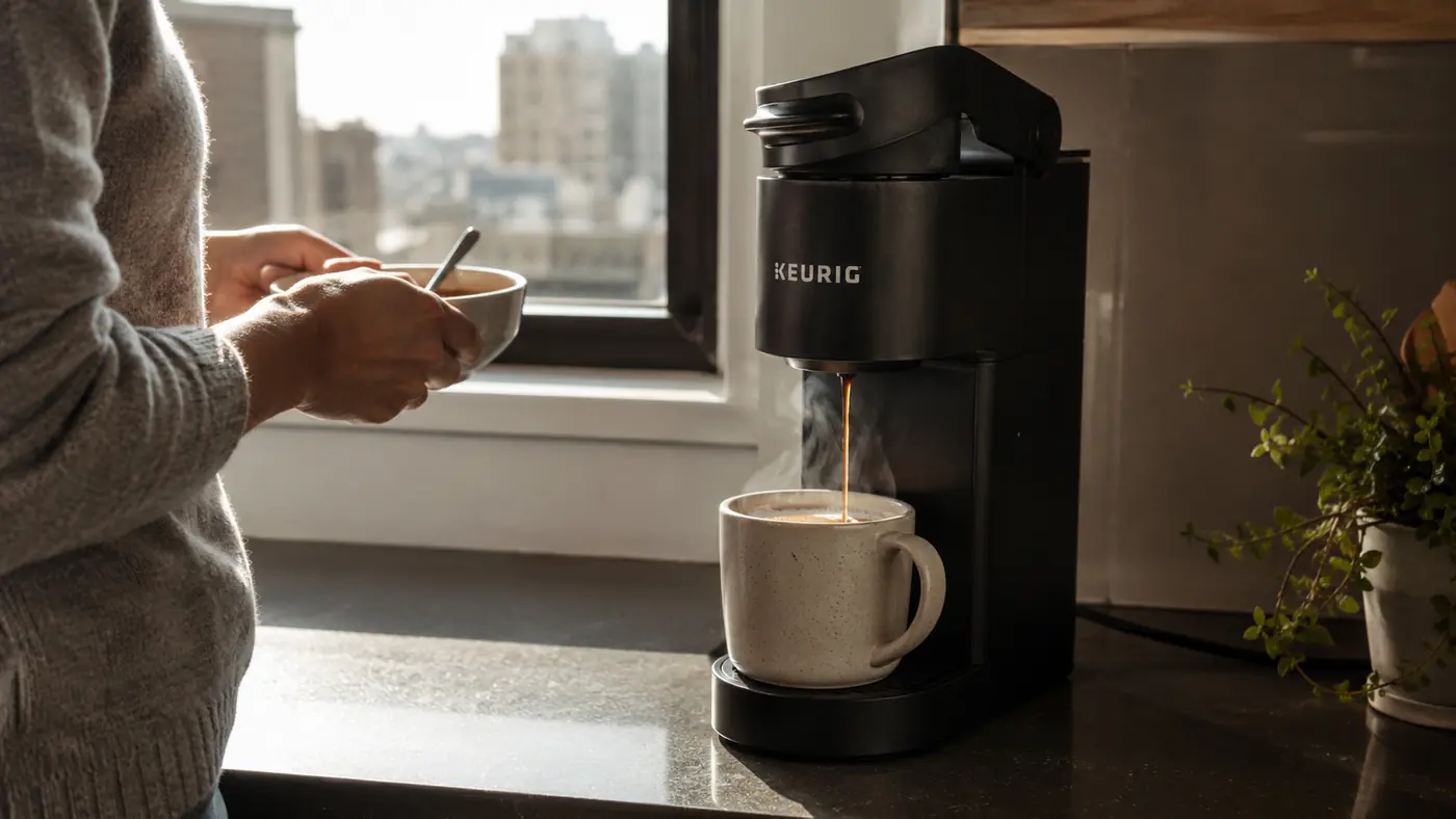 Close-up of coffee brewing into a mug under the Keurig K-Mini Mate on a weekday morning