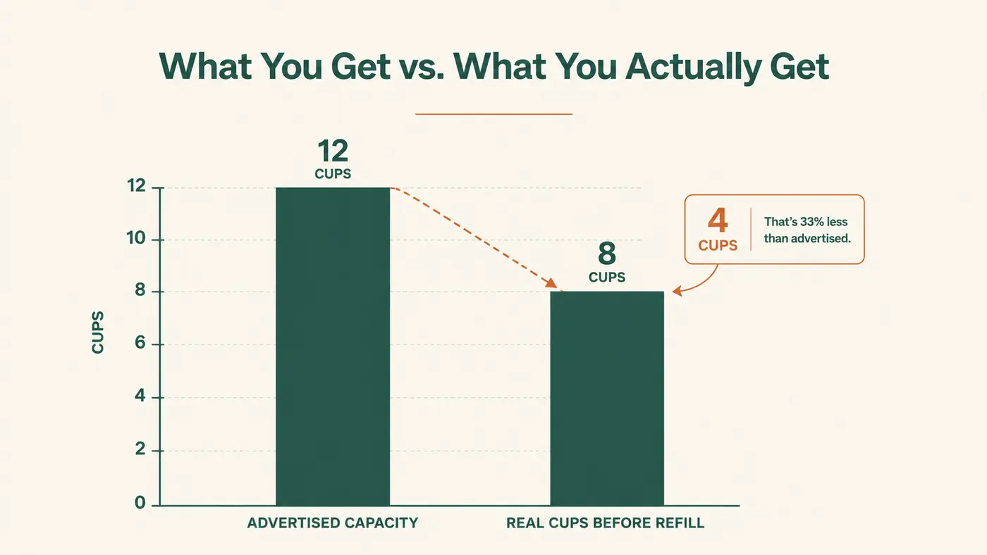 Simple bar chart comparing advertised reservoir capacity versus how many cups it actually brews before needing a refill