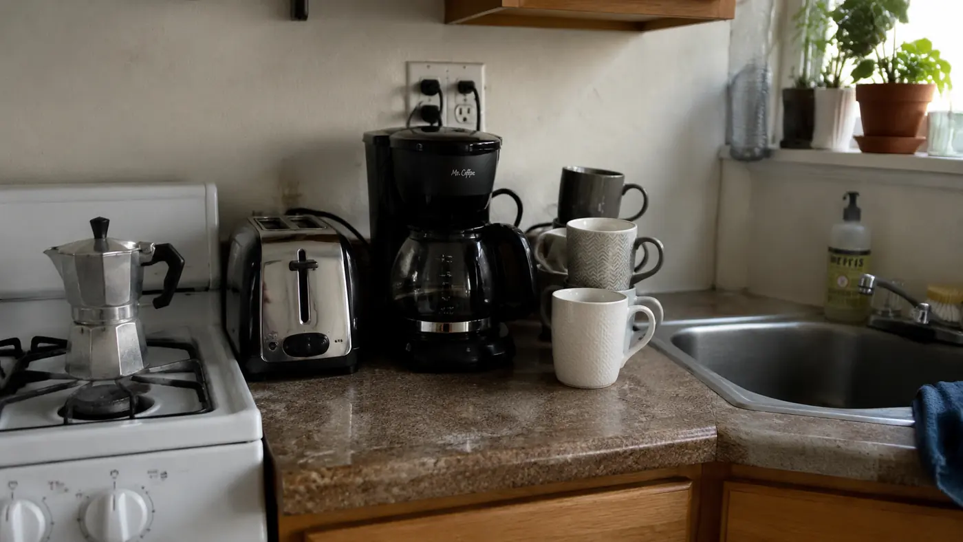 Keurig K-Mini Mate tucked onto a narrow shelf between two outlets in a small apartment kitchen