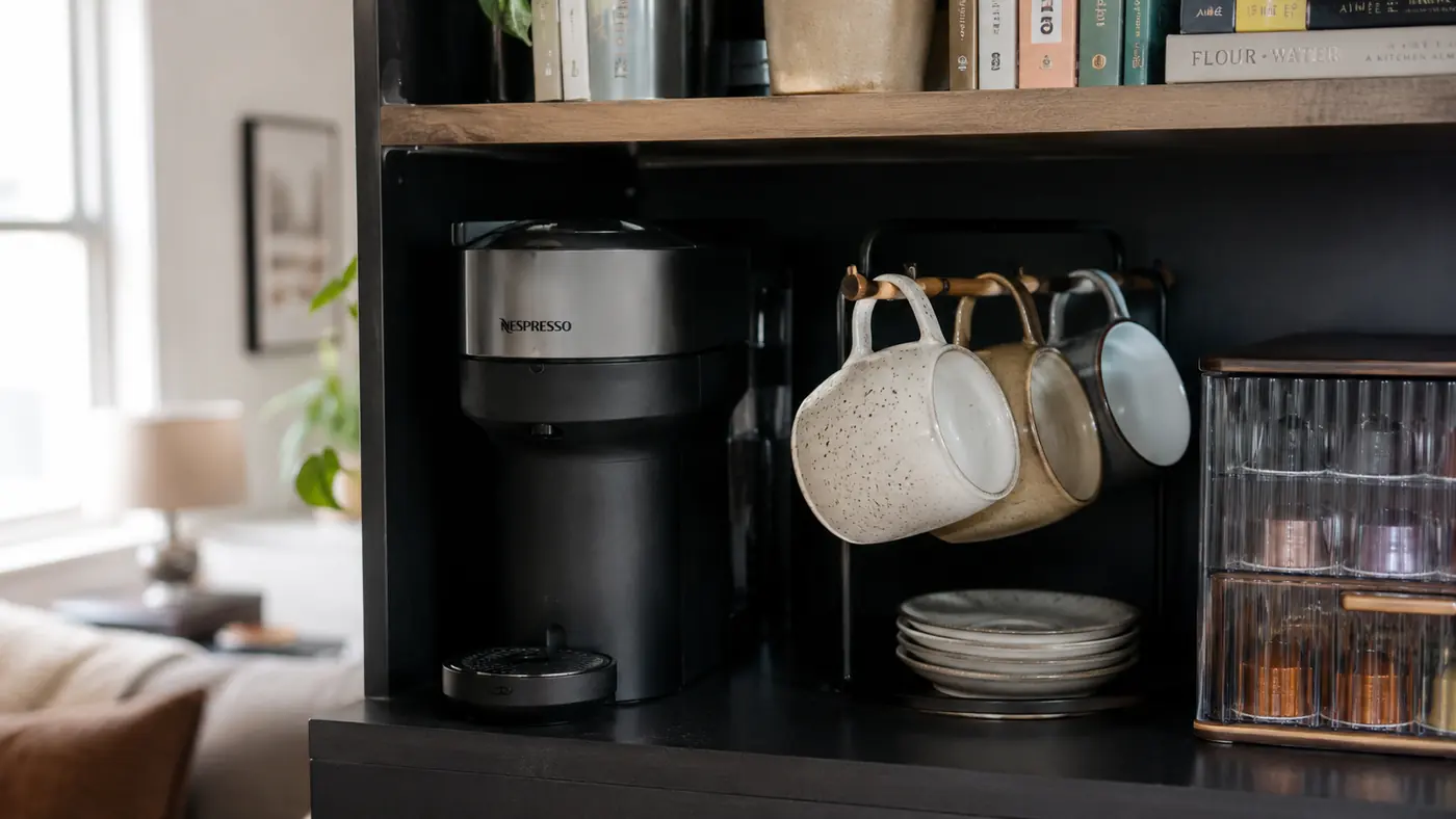 Keurig K-Mini Mate stored on a small shelf above a narrow kitchen counter with a mug and a few K-Cup pods nearby