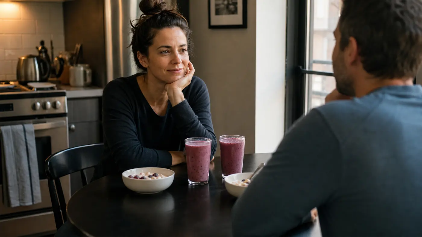 Bethany and Danny drinking smoothies at a small kitchen table before heading out for the day