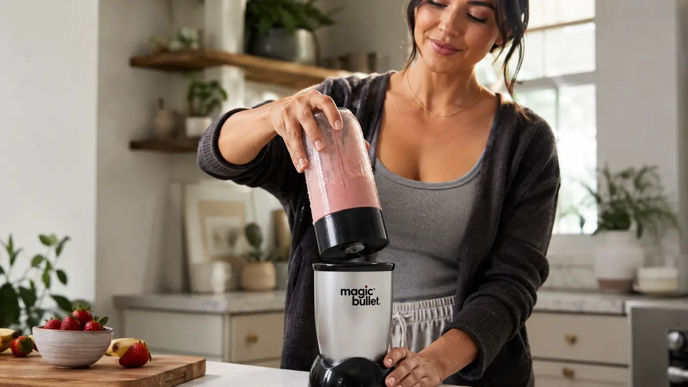 Hand twisting the cup off the Magic Bullet Blender base after blending a smoothie