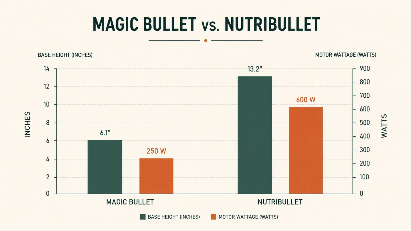 Simple bar chart comparing base height and motor wattage between the Magic Bullet and a taller personal blender